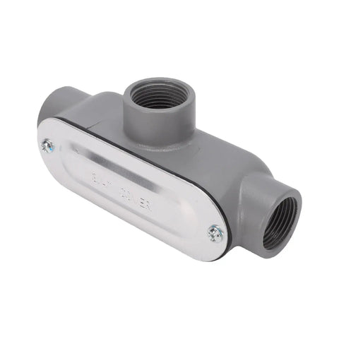 Dead Nuts Secure 3/4 Inch T Type Conduit Body In Heavy Duty Die Cast Aluminum with threaded ports and snap-off cover.