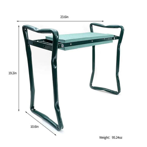 Side view of Grab And Go Foldable Garden Kneeler Seat With Two Pocket Tool Bag Pouch and EVA Foam Knee Pad, size 23.6x10.6x19.3 inches.