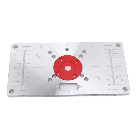 Hefty Aluminum Router Plate With Four Snap On Insert Rings For Sharp Wood Milling Trimming And Butter Smooth Engraving Jobs Shop Pro Gear top view with precision markings.
