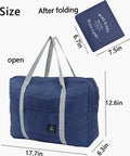 Foldable Travel Duffel Bag Set Two Pack Airline Friendly Carry On Luggage Weekender Tote in blue, size details, open and folded view