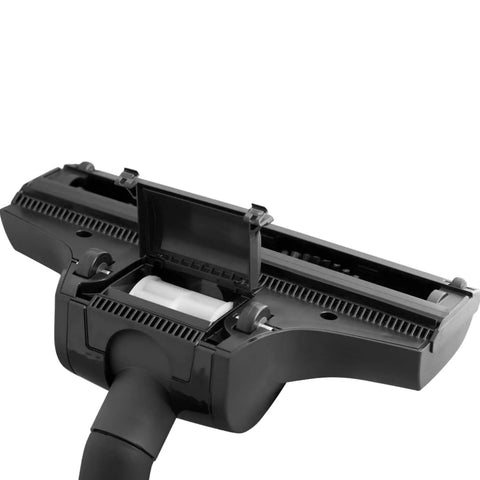 Underside view of Air Driven Central Vacuum Powerhead For Deep Carpet Cleaning With Turbine Technology That Lifts Dirt Dust And Pet Hair From Low To High Pile No Electrical Power Needed Fits Vacuflo Beam Nutone Vacumaid And More with open brush compartment.