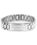 Hand Engraved Stainless Steel Ladder Bracelet For Ride Or Die Roofer Appreciation And Squad Level Crew Bonding Featuring Premium Metal Durability Made To Last Forever viewed from side with engraved message visible.