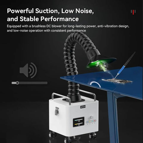 Heavy Duty Fume Extractor With Three Layer Filter For Industrial Workshops Brushless Workhorse in use at a workbench, showcasing suction and airflow.