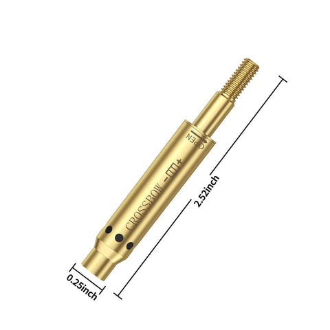 Red Laser Crossbow Bore Sight With Batteries, Easy Thread-On Red Dot Boresighter in brass with dimensions labeled