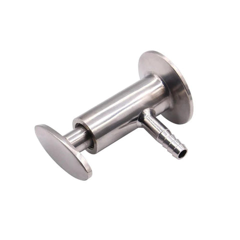 Side view of a stainless steel sanitary sample valve with 1.5-inch tri-clamp ferrule and elliptic handle