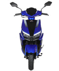 Front view of Hot Blue X-Pro Solara 150cc Moped Scooter For Adults With Automatic Gear, Twist And Go Gas Engine, Led Lights, Kick Start, Aluminum Rims.