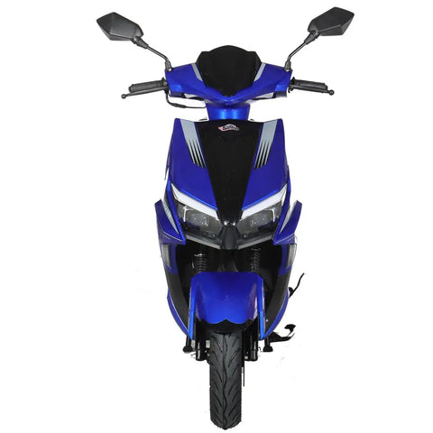 Front view of Hot Blue X-Pro Solara 150cc Moped Scooter For Adults With Automatic Gear, Twist And Go Gas Engine, Led Lights, Kick Start, Aluminum Rims.