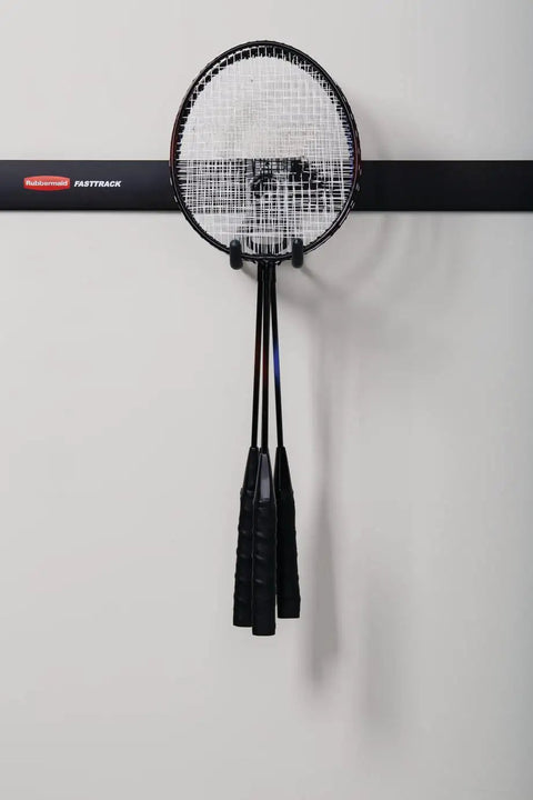 FastTrack Rail Garage Organization System With Multi-Purpose Hooks And 50 Lb Capacity holding badminton rackets