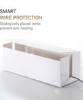 Cable Management Box With Lid For Office Setup, Minimalist ABS Plastic Storage, white with vented sides for safe home office.