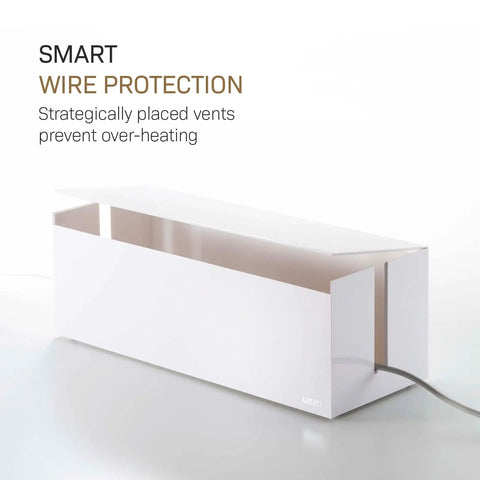 Cable Management Box With Lid For Office Setup, Minimalist ABS Plastic Storage, white with vented sides for safe home office.