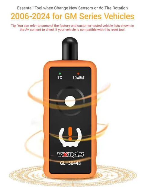 No Sweat TPMS Relearn Scanner For Gm Chevy Buick Gmc Cadillac Tire Pressure Reset Activation With Heavy Duty Antenna Straight Up Finger Switch Garage Essential 2024 Edition, handheld device with indicators.