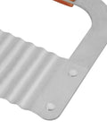 Front view of a stainless steel wavy kitchen cutter with ribbed blade and riveted handle.