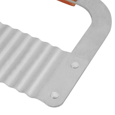 Front view of a stainless steel wavy kitchen cutter with ribbed blade and riveted handle.