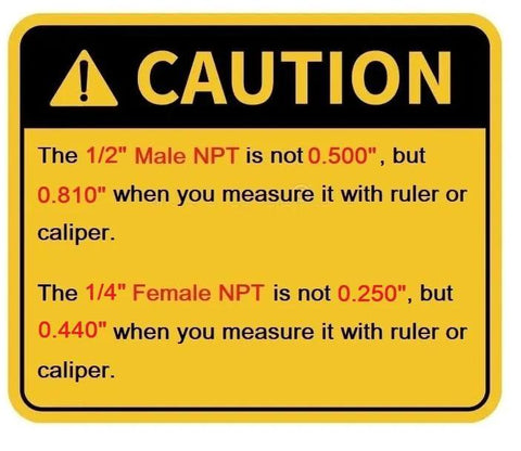 Caution sign about NPT sizes: 1/2 in Male NPT 0.810 in and 1/4 in Female NPT 0.440 in.
