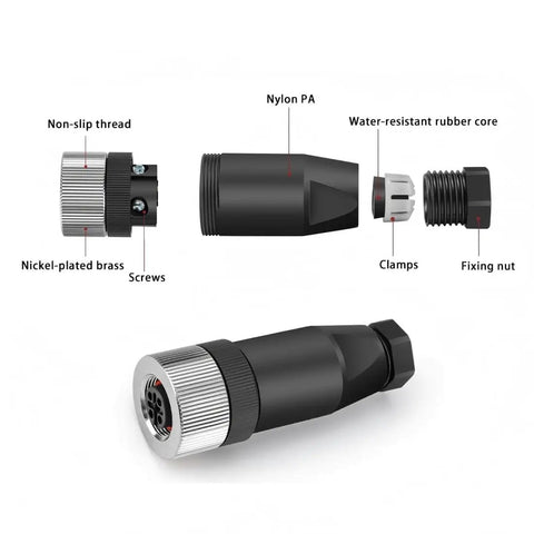 Exploded view of M12 4 Pin A Code Straight Circular Sensor Aviation Connector Kit Waterproof IP67 with parts labeled