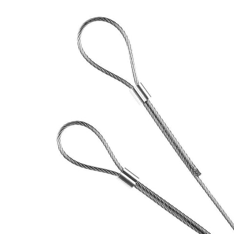 Two steel cables with 120 Piece Aluminum Crimp Sleeve Set For Three Thirty Second Inch Wire Rope And Cable, Heavy Duty Quick Lock End Sleeves.