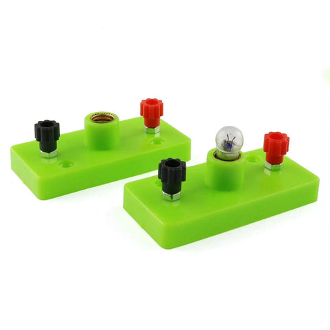 Green plastic bases with connectors and bulb from Circuit Learning Kit For Kids, Simple Circuit Physics Educational Box.