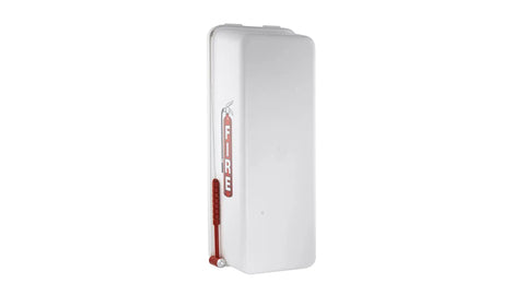 Two Pack Heavy Duty White Surface Mount Fire Extinguisher Cabinet With Easy Grip Hammer And Built Tough Weatherproof Shell For Rock Solid Secure Twenty Pound Extinguisher Storage, side view.