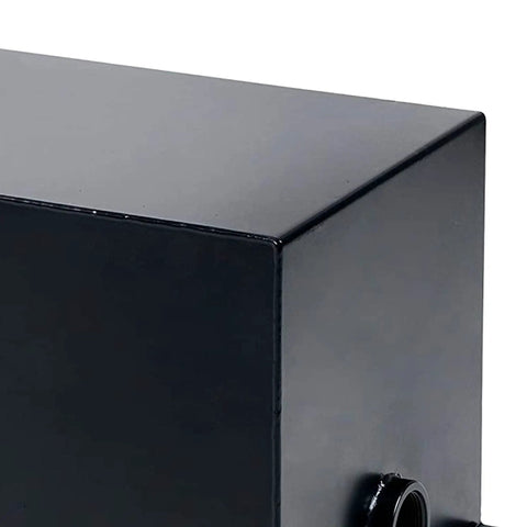 Top corner of 10 Gallon Welded Steel Hydraulic Reservoir Tank 14 Gauge Metal Construction Black Finish With 2 Inch Suction Port And 0.75 Inch Return Port