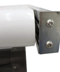 Close-up of PVC Flat Belt Conveyor System With Aluminum Frame Adjustable Speed 47.2 Inch Long, detailing roller end and metal support.