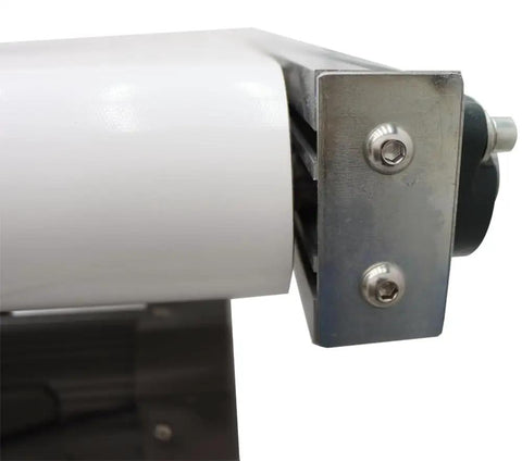 Close-up of PVC Flat Belt Conveyor System With Aluminum Frame Adjustable Speed 47.2 Inch Long, detailing roller end and metal support.