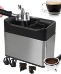 Slick Automatic Electric Espresso Knock Box For No Sweat Portafilter Cleaner And Efficient Coffee Grounds Cleanup Barista Grade Heavy Duty Build showing brushes and portafilter.