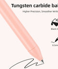 Close-up of a retractable gel pen tip with tungsten carbide ball for fine 0.5mm lines, highlighting black ink feature and smooth writing.