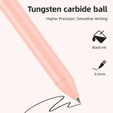 Close-up of a retractable gel pen tip with tungsten carbide ball for fine 0.5mm lines, highlighting black ink feature and smooth writing.