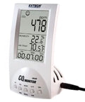 Desktop Indoor CO2 And Air Quality Monitor For Home Or Office With NDIR Sensor showing CO2, temp, humidity on display.