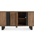 Top Tier 94 Inch Reclaimed Oak Wood Sideboard Buffet Cabinet Magnetic Doors Built In Wire Management Sturdy Open Shelving viewed from the front displaying open door.