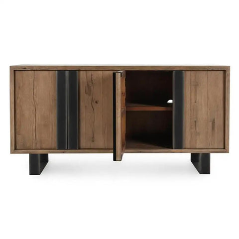 Top Tier 94 Inch Reclaimed Oak Wood Sideboard Buffet Cabinet Magnetic Doors Built In Wire Management Sturdy Open Shelving viewed from the front displaying open door.