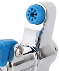 Close-up of Stainless Steel Deck Mount Water Station Pedestal for glass filling with blue push back cup filler handle.