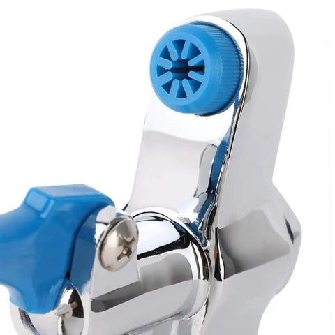 Close-up of Stainless Steel Deck Mount Water Station Pedestal for glass filling with blue push back cup filler handle.