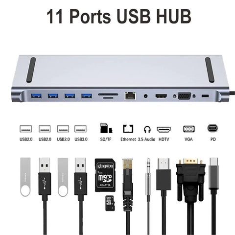 Badass 11 In 1 Usb Type C Hub Docking Adapter featuring ports for USB, HDMI, Ethernet, and audio for versatile connectivity.