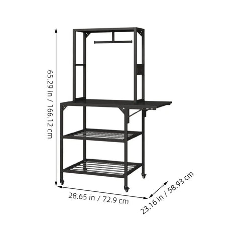 Solid As A Rock 4 Tier Rolling 3D Printer Stand With Hella Spacious Spool Storage and sturdy metal workstation, dimensions shown.