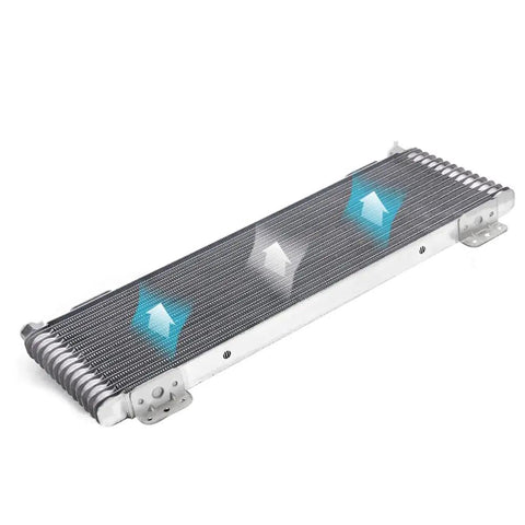 Transmission Oil Cooler With Mounting Hardware For 40K GVW Vehicles Low Pressure Drop Durable Heat Exchange For Automatic Transmissions Tough As Nails Performance Easy Install Mounting Kit Included showing fins and arrows representing airflow.