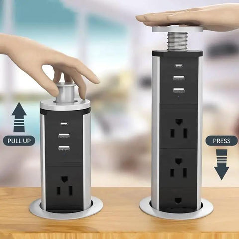 Hassle Free Pop Up Desktop Power Strip With 1.8 Meter Extension Cable Flush Mount Kitchen Countertop Us Plug shown being activated.