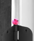 Flamingo Magnetic Door Hinge Heads Set 6 Fun Miniature Decorative Toppers for Doors and Metal Surfaces installed on black hinge
