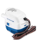 Automatic Submersible Bilge Pump 12V 750 GPH with float switch and snap off strainer, side view, blue and white design with cord