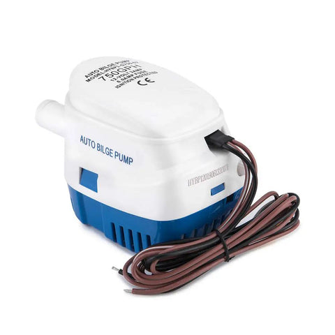 Automatic Submersible Bilge Pump 12V 750 GPH with float switch and snap off strainer, side view, blue and white design with cord