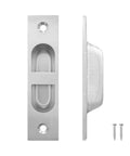 4 Inch Pocket Door Edge Pull Flush Mount Handle in 304 Stainless Steel, silver finish, side and front view with screws