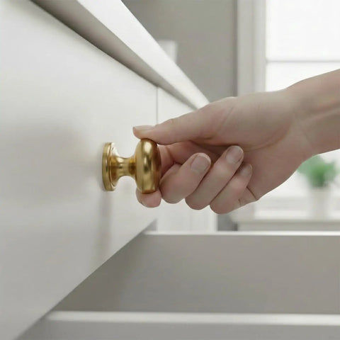 Hand turning brushed satin gold wide base bifold closet door knob on drawer, 4 pack with golden round cabinet wardrobe pull knobs.