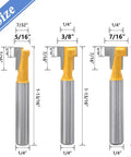 Five Piece T Slot Router Bit Set For T Track Grooving With Tough Carbide Cutters, size dimensions shown.