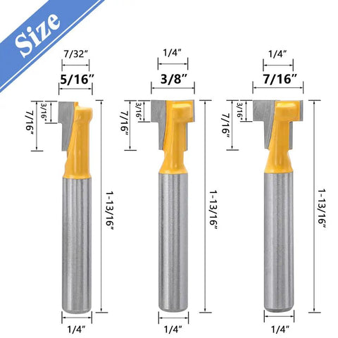 Five Piece T Slot Router Bit Set For T Track Grooving With Tough Carbide Cutters, size dimensions shown.