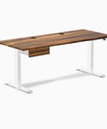 Heavy Duty Solid Wood Sit Stand Desk With Integrated Under Desk Drawer 60 Inches Wide, showcasing oak top and sleek white base.