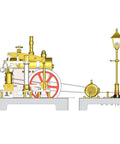 Full Metal Beam Steam Engine With Live Power Generator Model Kit Vintage Street Lamp Scene Hands On Mechanical Collector Piece close up side view.