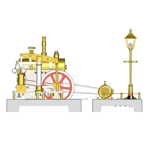Full Metal Beam Steam Engine With Live Power Generator Model Kit Vintage Street Lamp Scene Hands On Mechanical Collector Piece close up side view.
