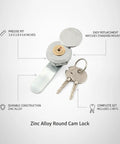 Image of a Key Operated Round Cam Lock For Cabinet Replacement Zinc Alloy Lock With 3.0 X 2.8 X 0.8 Inch Size Includes Keys