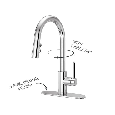 Stellen Kitchen Sink Faucet With Pull Down Sprayer, High Arc Chrome Finish, 3 Water Settings Stream Spray Pause, with deck plate.