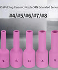Premium 10-Piece Set Of Ceramic Alumina Gas Lens Cups For TIG Torch Compatible With 54N Stubby Nozzle Welding Gear For High Performance Arc Flow shown in varying sizes 4-8.
